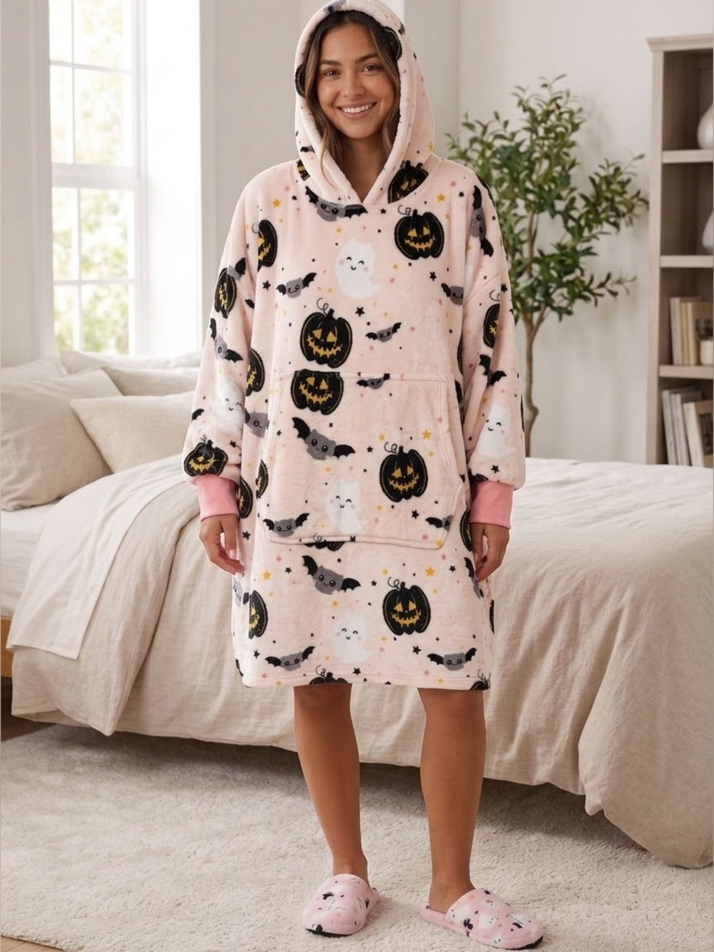 NEW Cupcakes & Cashmere Oversized Hoodie Nightgown Robe & Slippers Halloween